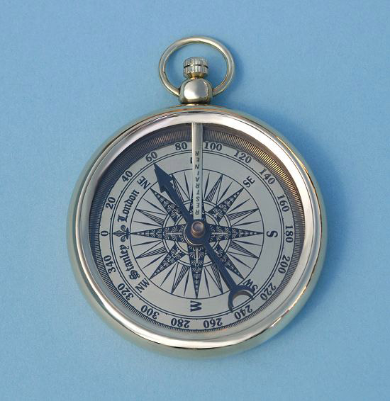 Silver Finish Open Face Brass Compass – 27” Chain – Pocket Watch Style Nautical Necklace